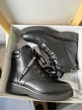 Michael Kors Black Ribbon-Lace Platform Combat Boots